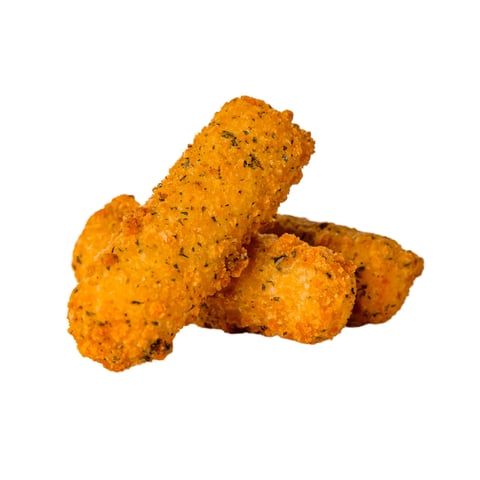 Fried mozzarella cheese sticks with seasoned breading stacked diagonally on white background
