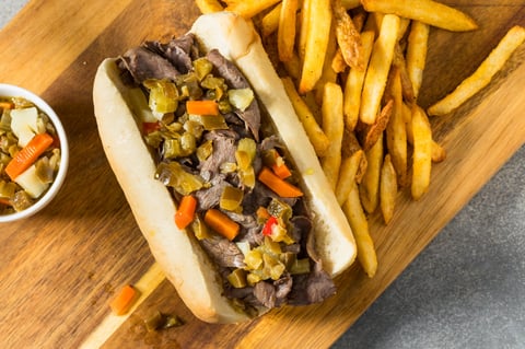 Chicago Italian Beef Sandwich with Giardiniera Peppers and Fries