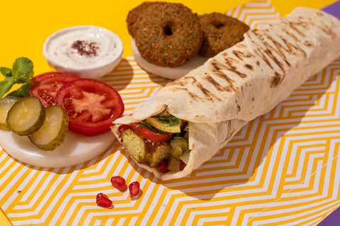 Traditional Mediterranean Arabic grilled falafel shawarma, hummus and vegetables in flatbread wraps with herbs and sauces