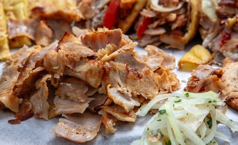 Gyro sliced meat closeup view, doner shawarma wraps