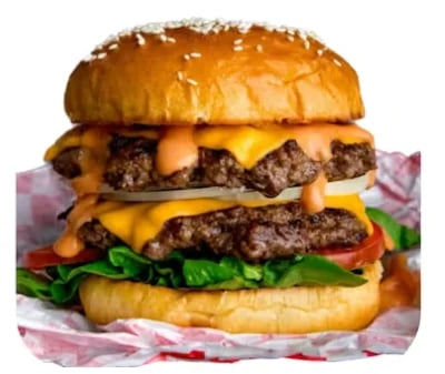 Double cheeseburger with stacked beef patties, melted cheese, lettuce, tomato, and sesame seed bun wrapped in paper