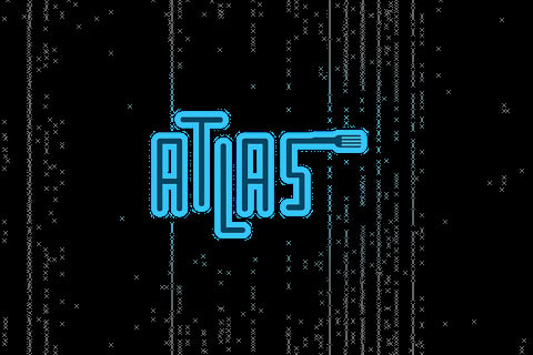 Neon blue ATLAS logo with pixelated digital falling rain effect on black background